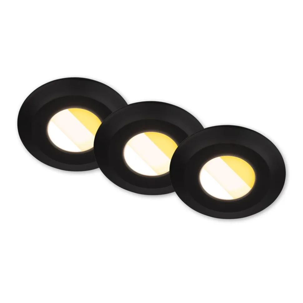 Klira indbygningslampe, sort, Ø 9 cm, IP44, sæt med 3 stk