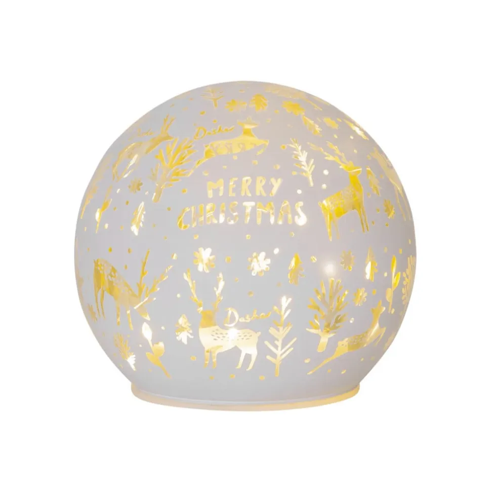 Kugleformet LED-lampe Merry X-Mas Ø 12cm hvidt glas batteridrevet