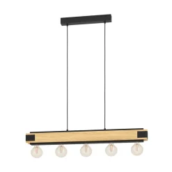 Layham hængelampe, sort/lyst træ, længde 96 cm, 5 lyskilder.