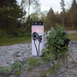 LED gravlys Mælkebøtte, 21 cm hvid/sort plast batteri