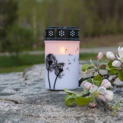 LED gravlys Mælkebøtte, 12 cm hvid/sort plast batteri