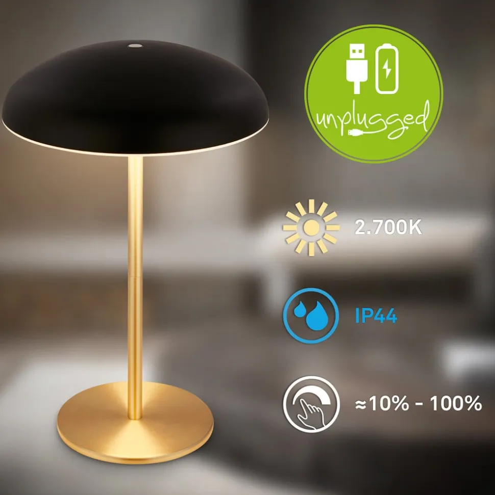 LED-bordlampe med batteri Brilo unplugged Caxa, sort/messing