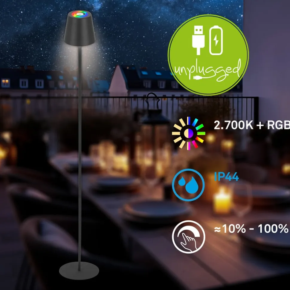 LED-gulvlampe Coloris, sort, RGB, dæmper, IP44, USB