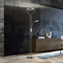 LED-gulvlampe Davos, nikkelfarvet, højde 180 cm, 2 lyskilder, CCT