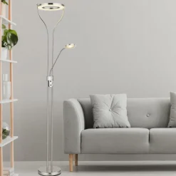 LED-gulvlampe Ebro, højde 194 cm, nikkelfarvet, 2-lys.