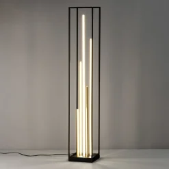 LED-gulvlampe Grid, sort/guld, metal, CCT, dæmpbar