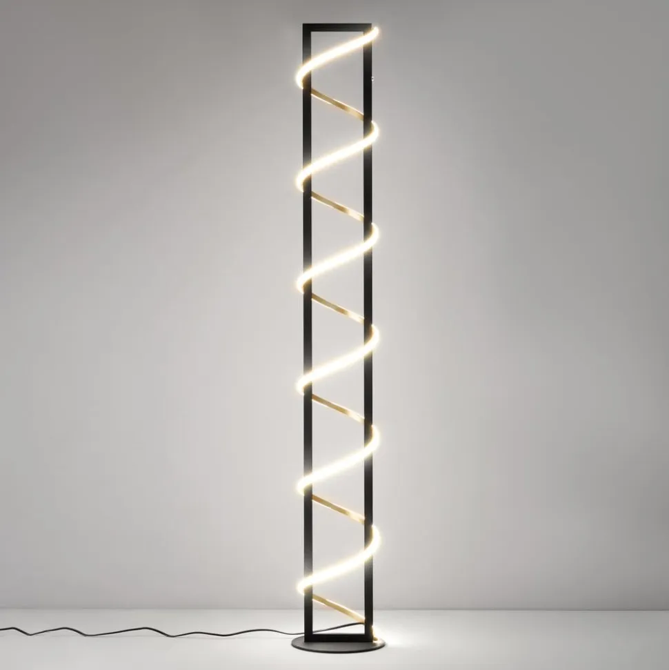 LED-gulvlampe Gwen, sort/guld, metal, CCT, dæmpbar