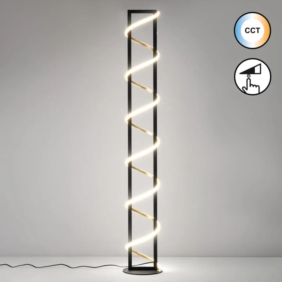 LED-gulvlampe Gwen, sort/guld, metal, CCT, dæmpbar