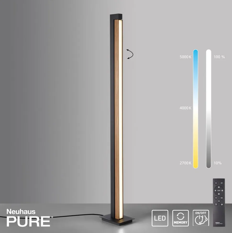 LED-gulvlampe PURE Lines, sort, træ, fjernbetjening, 140 cm