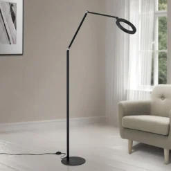 LED-gulvlampe Ringo, sort, metal, justerbar, dæmpbar