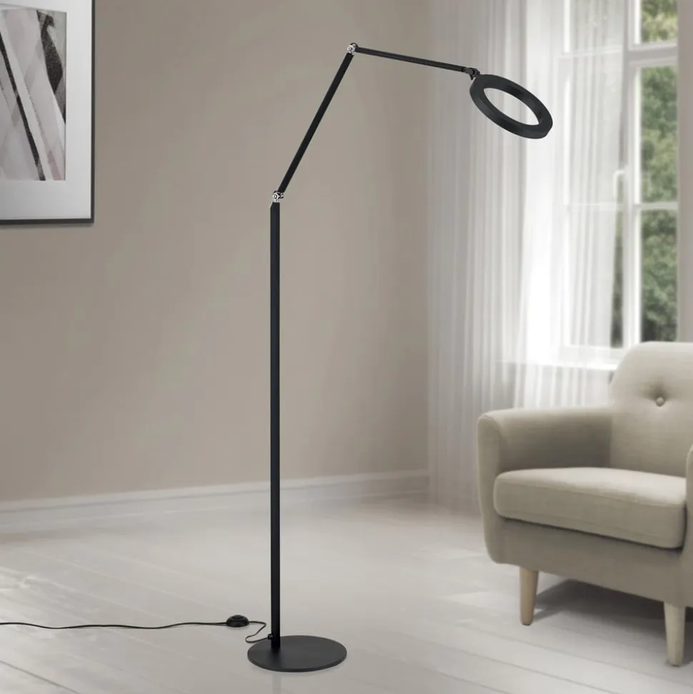 LED-gulvlampe Ringo, sort, metal, justerbar, dæmpbar