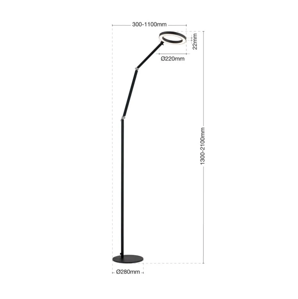 LED-gulvlampe Ringo, sort, metal, justerbar, dæmpbar