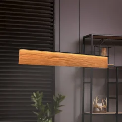 LED-hængelampe Kalea, længde 110 cm, træfarvet, træ