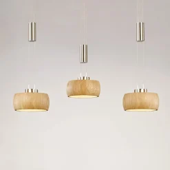 LED-hængelampe Shine-Wood, eg/nikkel, længde 100 cm 3 lyskilder.