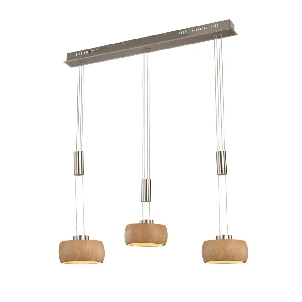 LED-hængelampe Shine-Wood, eg/nikkel, længde 100 cm 3 lyskilder.