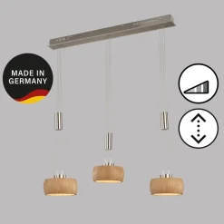 LED-hængelampe Shine-Wood, eg/nikkel, længde 100 cm 3 lyskilder.
