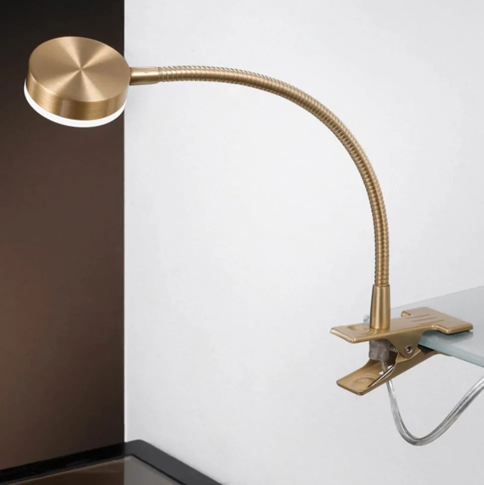 LED-klemmelampe Mira, fleksibel arm, guld