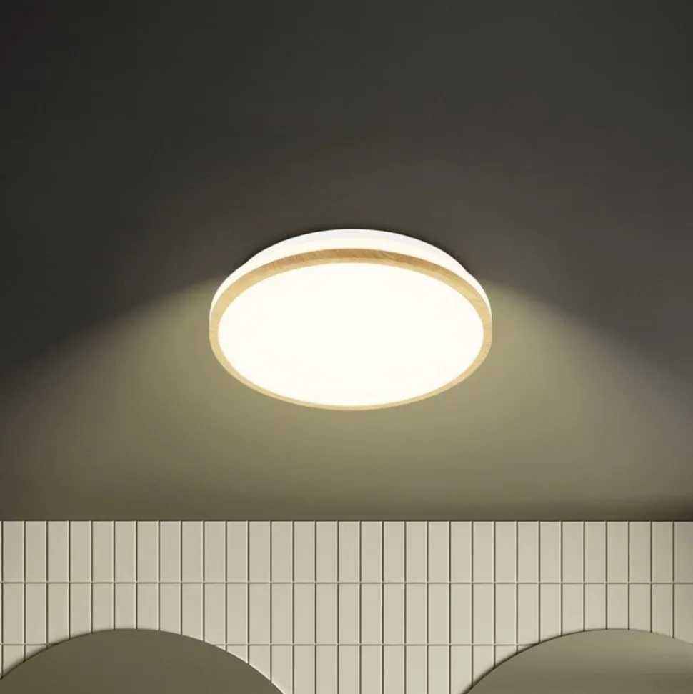 LED-loftlampe Acorus, Ø 28 cm, hvid/træfarvet, IP44