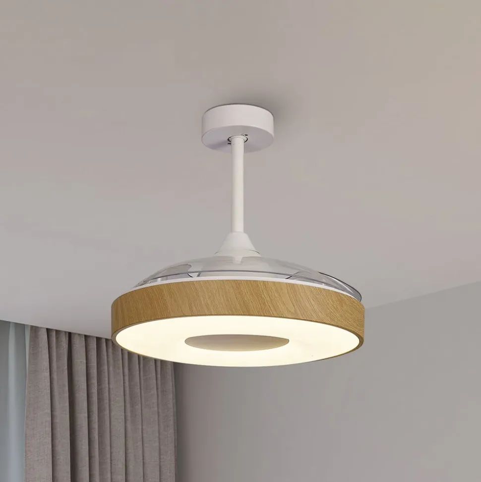 LED-loftventilator Coin Mini træ DC lydsvag Ø 91 cm CCT
