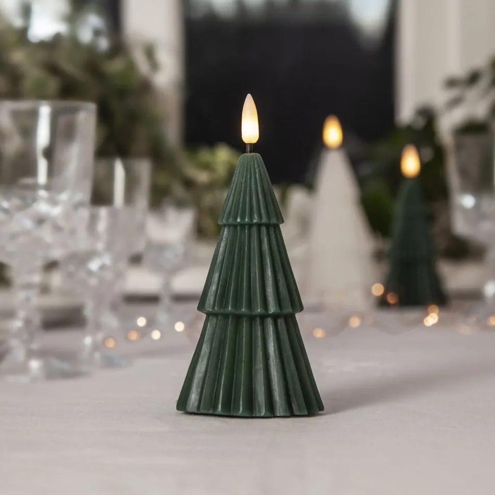 LED-lys Flamme Grany, grøn, 15 cm, ægte voks, batteridrevet