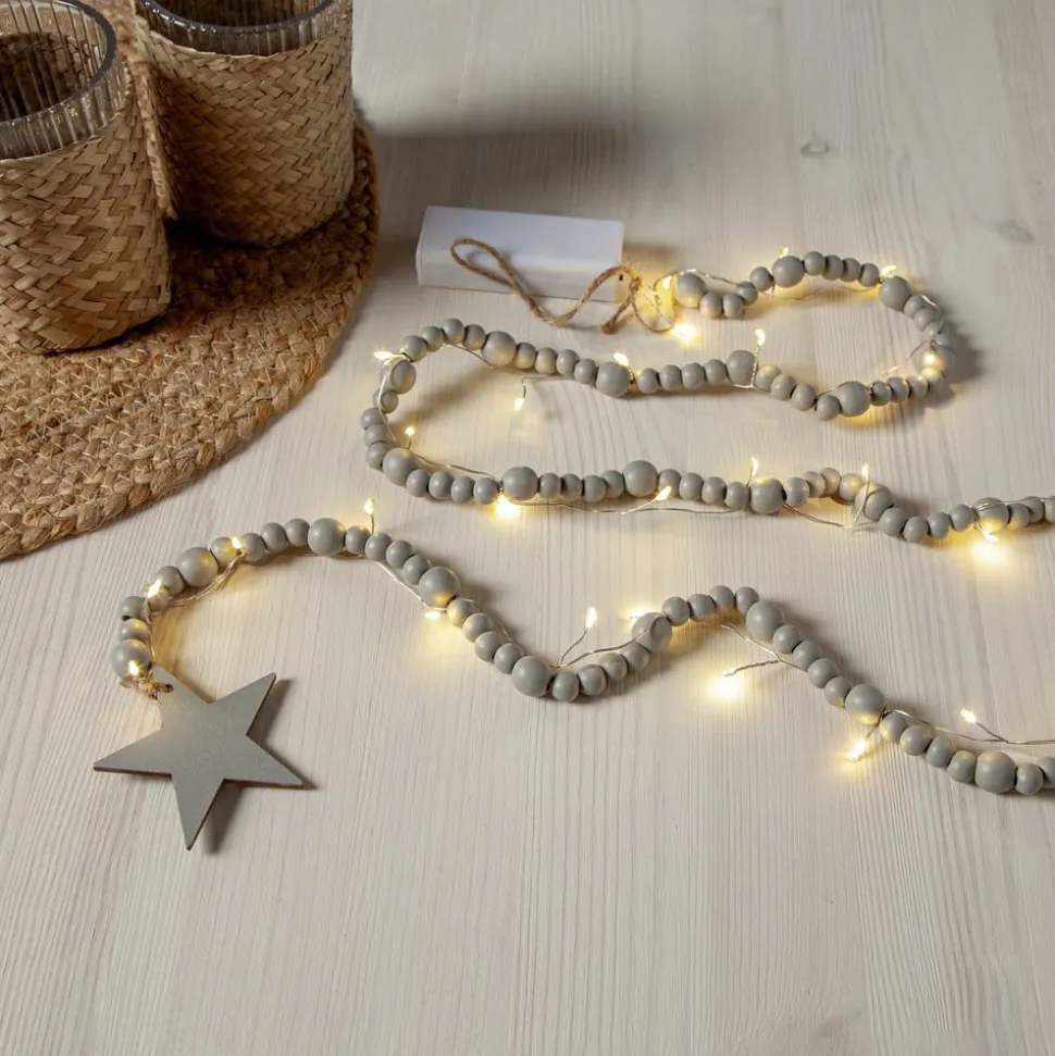 LED-lyskæder Beady, grå, træperler, 150 cm, batteri