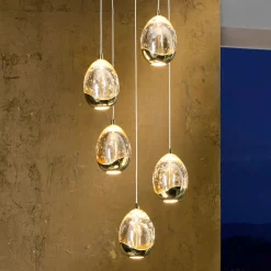 LED-pendel Rocio, 5-lys, rund, metal, glas, guld