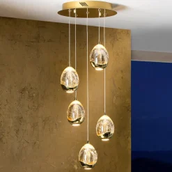 LED-pendel Rocio, 5-lys, rund, metal, glas, guld