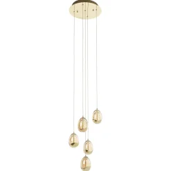 LED-pendel Rocio, 5-lys, rund, metal, glas, guld