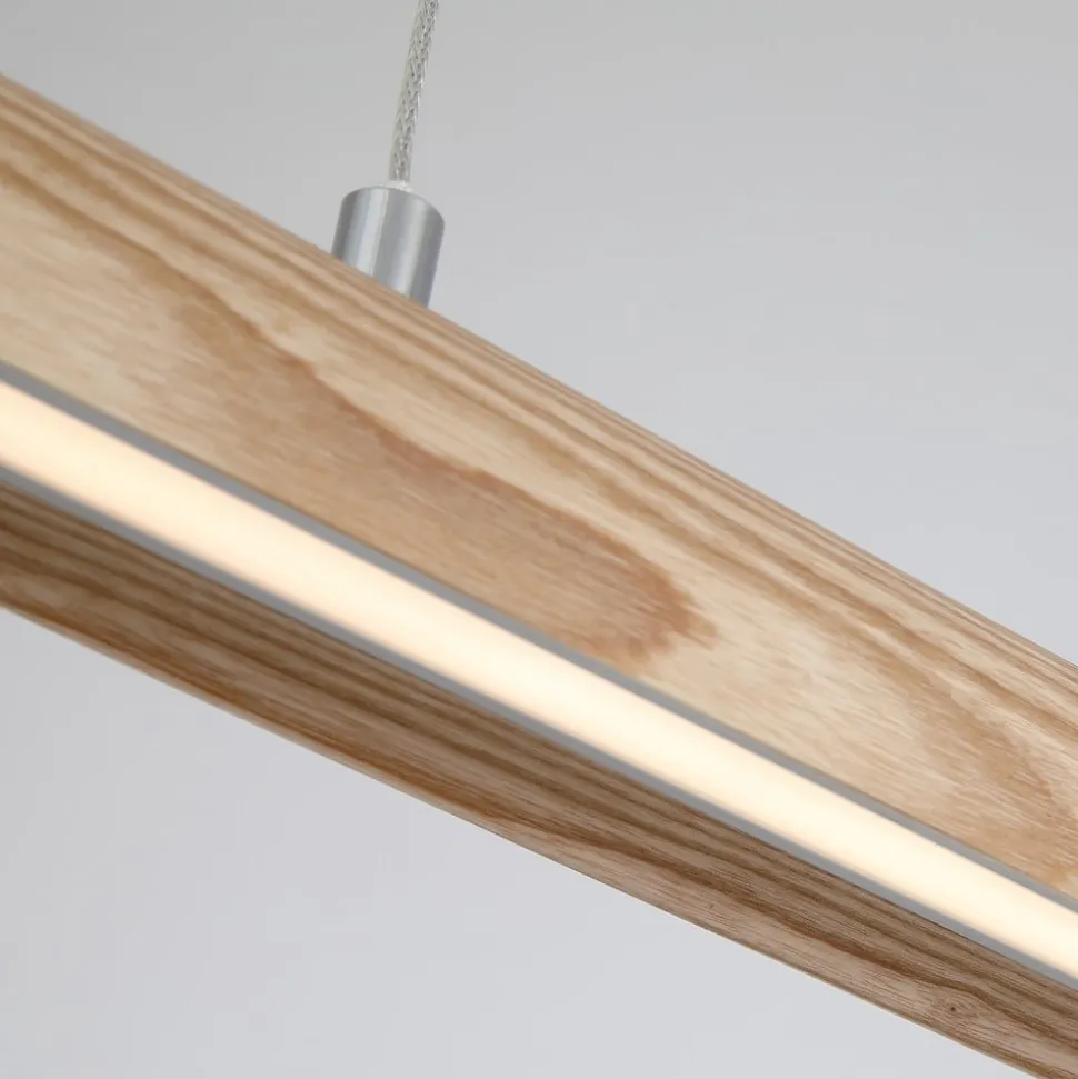 LED-pendellampe Kenzie, længde 60 cm, lysebrun, træ, CCT