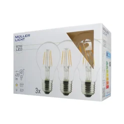 LED-pære E27 4 W 2.700 K filament, 3 stk, 470 lm