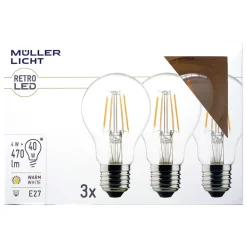 LED-pære E27 4 W 2.700 K filament, 3 stk, 470 lm