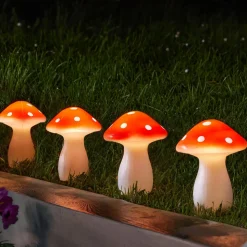 LED-solcelle-jordspyd Fairy Mushroom, 4-sæt, rød/hvid, IP44