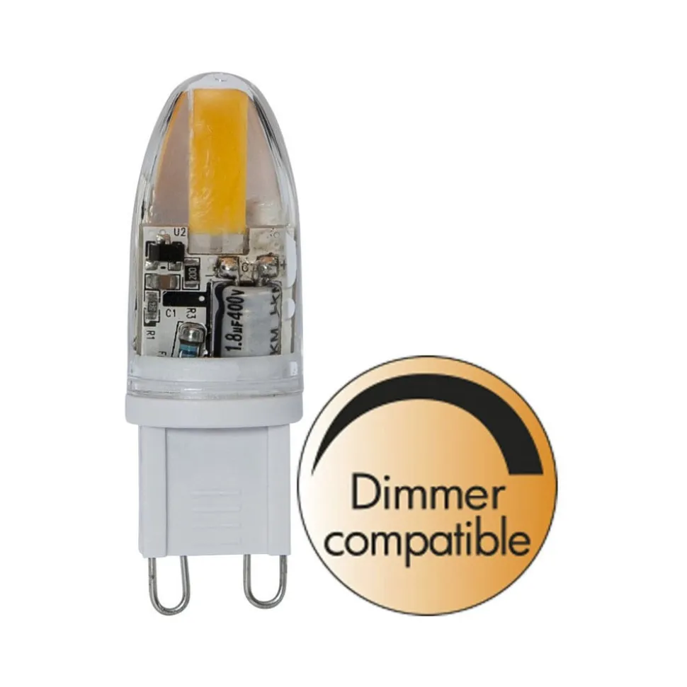 LED-stiftsokkelpære, G9, 1,8 W, klar, 2.800 K, dæmpbar, 200 lm