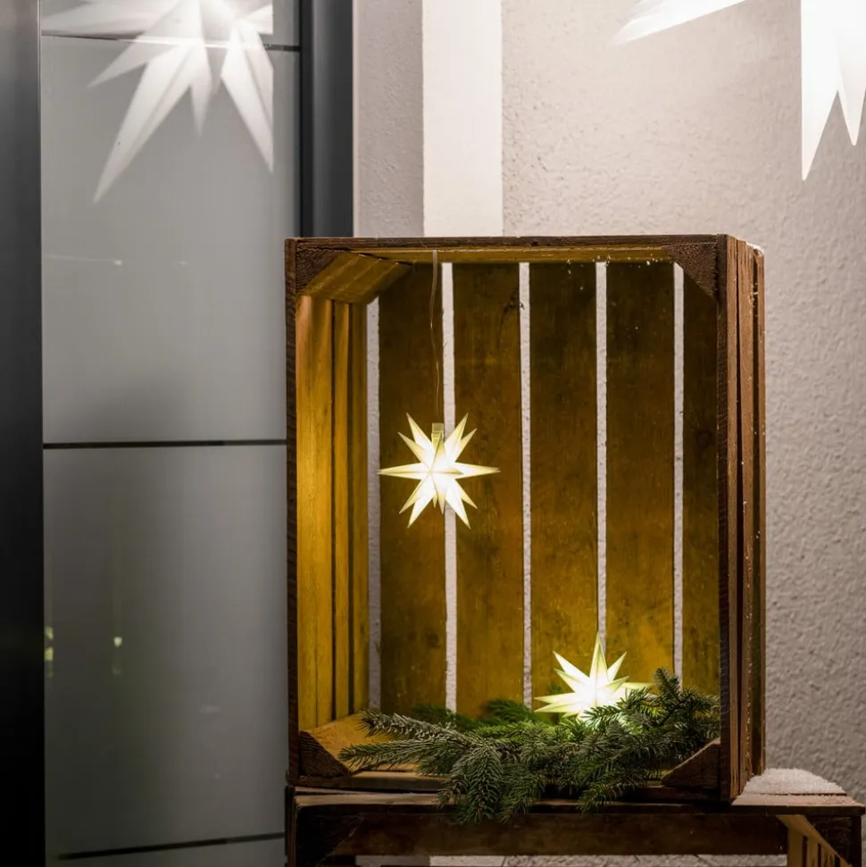 LED-stjerne, ude, 18-takket Ø 12 cm, batteri, hvid