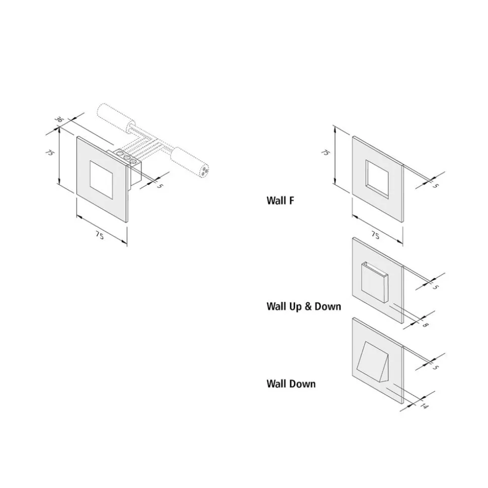 LED-vægindbygningslampe Wall F, sort, 7,5 x 7,5 cm, metalplade