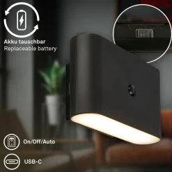 LED-væglampe Chat, sort, 16 cm, plast, sensor