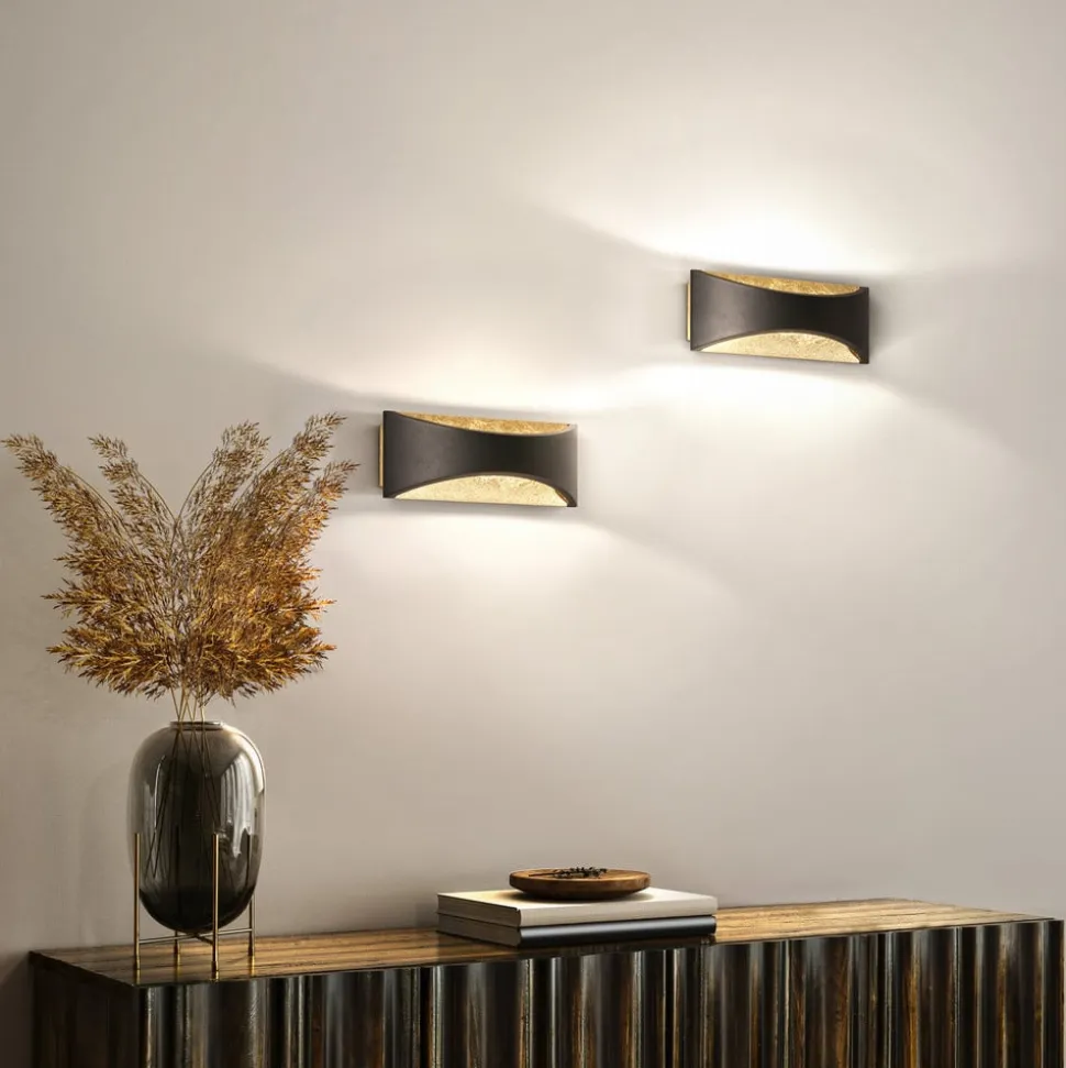 LED-væglampe Rio, sort/bladguld, bredde 23 cm, metal