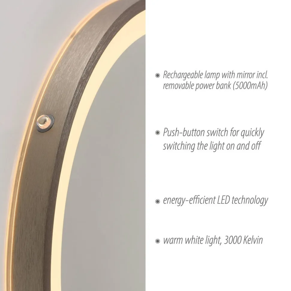 LED-vægspegel VIDRO, bronze, Ø 46 cm, powerbank, afbryder