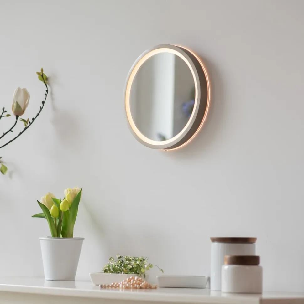 LED-vægspegel VIDRO, bronze, Ø 26 cm, powerbank, afbryder