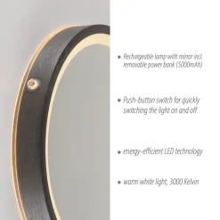 LED-vægspegel VIDRO, grå, Ø 26 cm, powerbank, afbryder
