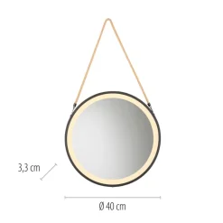 LED-vægspegel VIDRO, sort, Ø 40 cm, powerbank, hængende