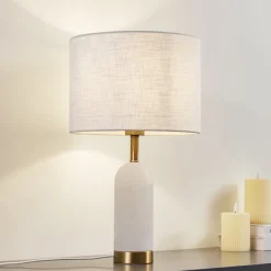 Lindby bordlampe alabast, hvid/guld, Ø 30 cm, marmor, E27