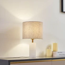 Lindby bordlampe Alabaster, hvid/beige, Ø 25 cm, marmor, E27