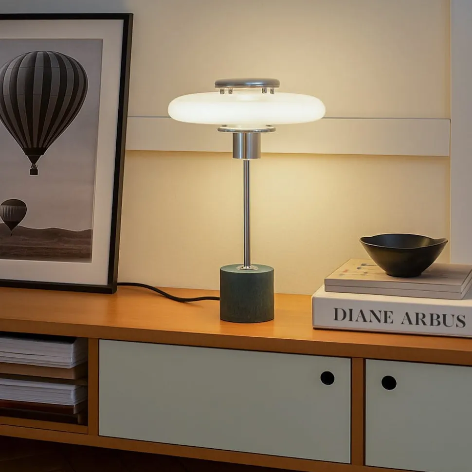 Lindby bordlampe Branford, retro, hvid/grøn opalglas/marmor