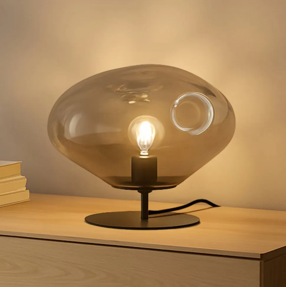 Lindby bordlampe Lelia, røggrå, glas, metal, Ø 35 cm