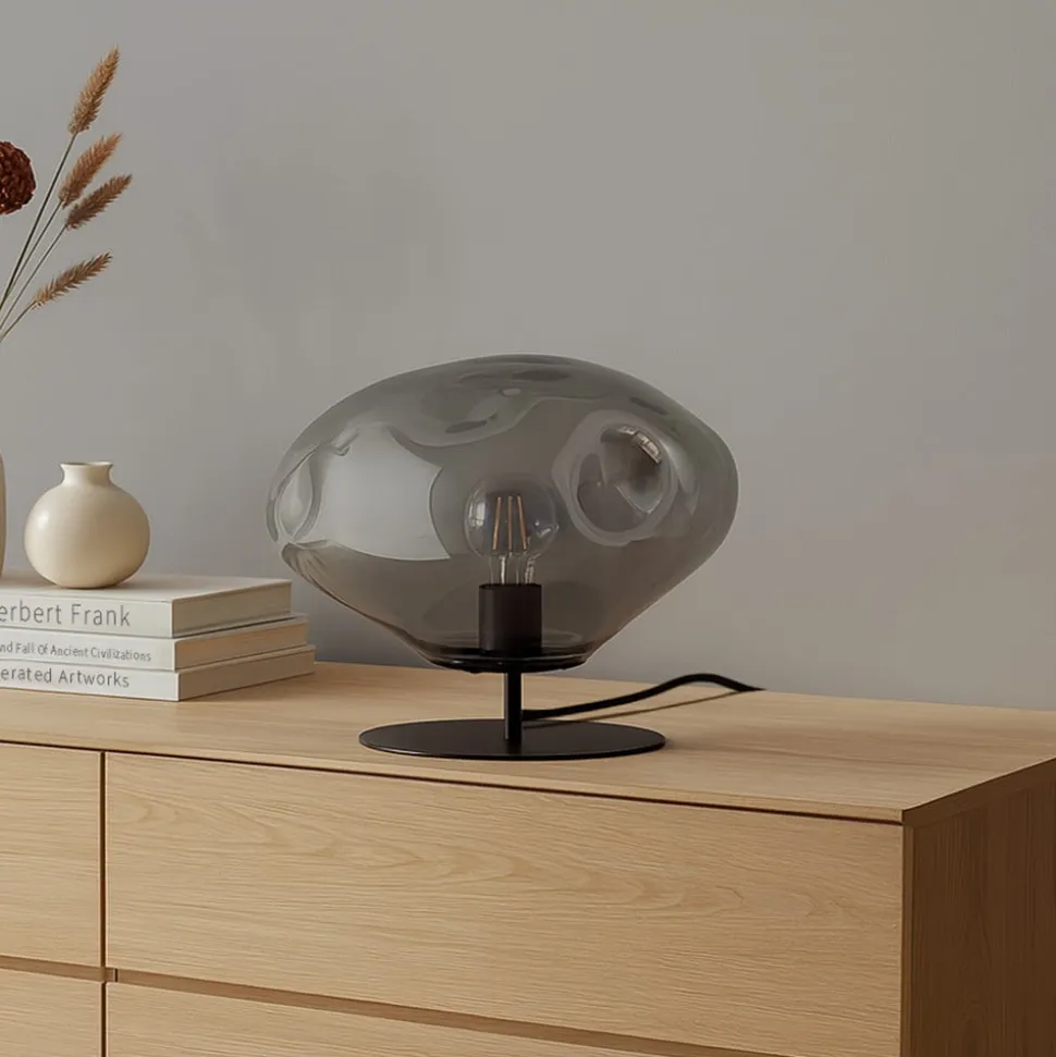 Lindby bordlampe Lelia, røggrå, glas, metal, Ø 35 cm