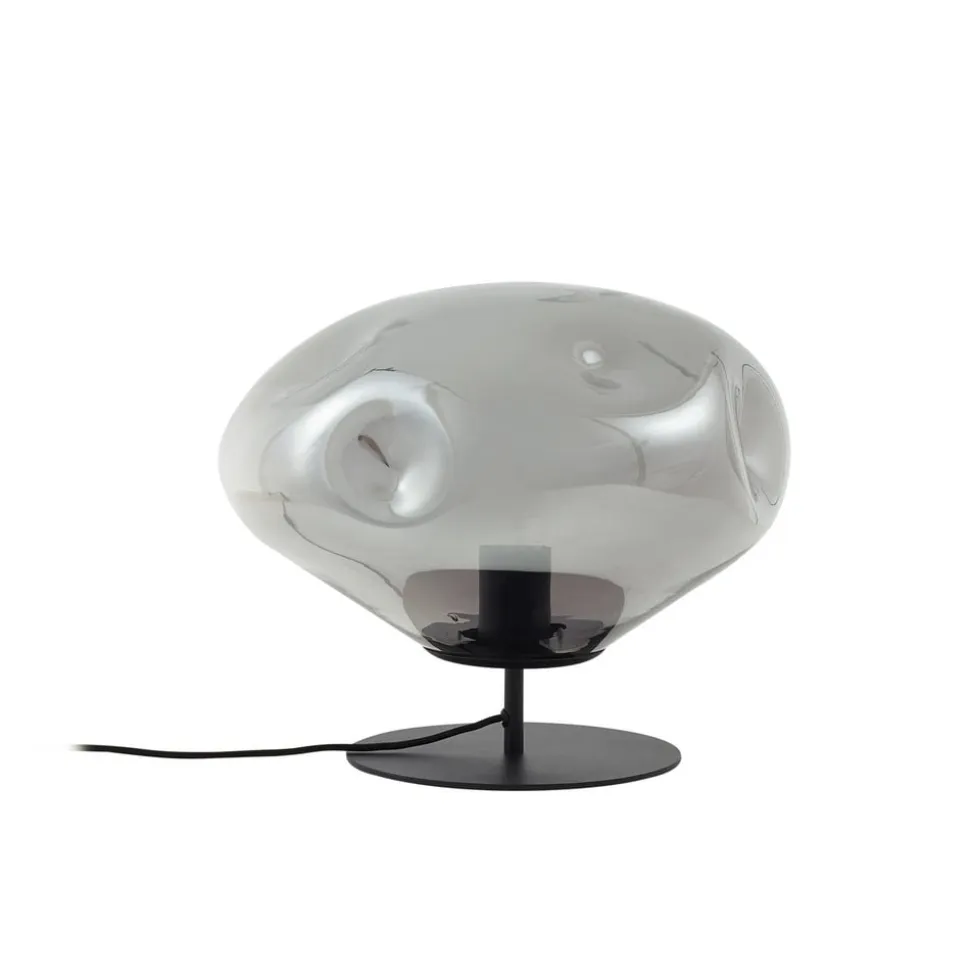Lindby bordlampe Lelia, røggrå, glas, metal, Ø 35 cm