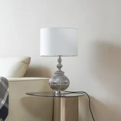 Lindby bordlampe Loraine, hvid/grå, glas, Ø 33 cm, E27