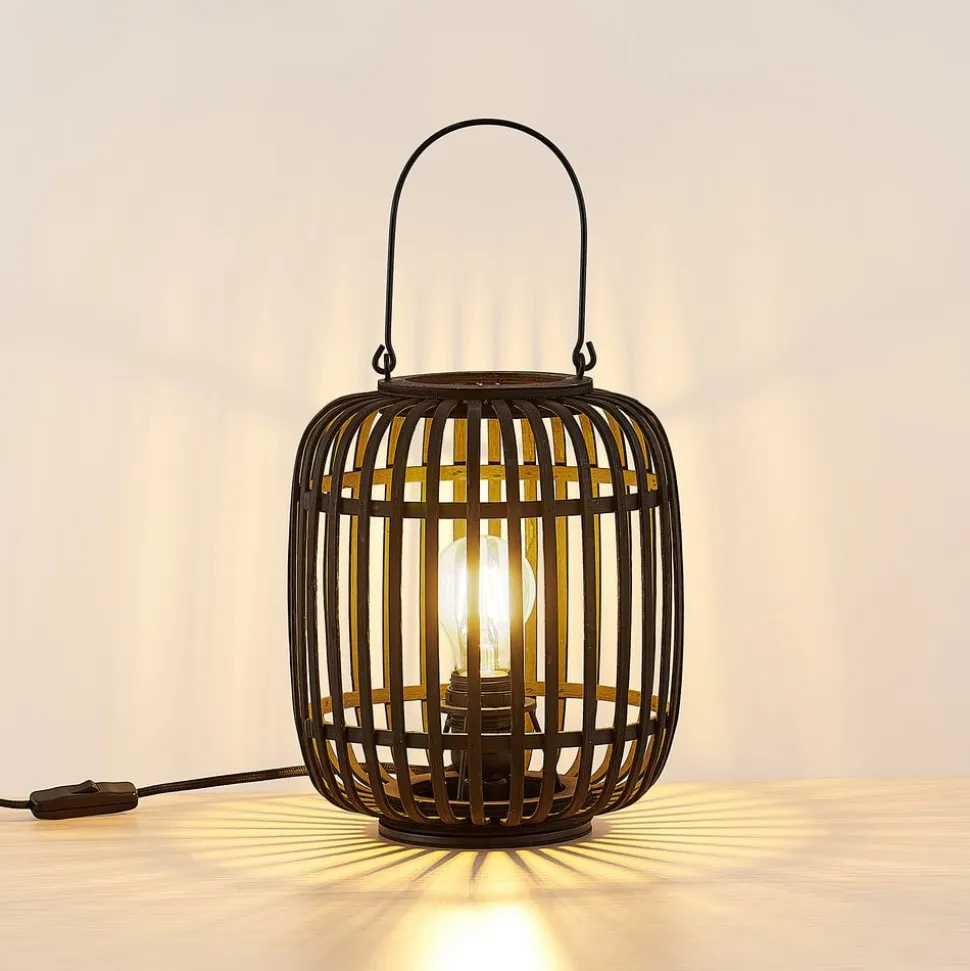 Lindby Canyana bordlampe, sort, rattan, 27 cm høj