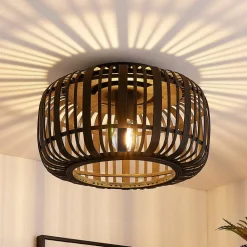 Lindby Canyana loftlampe, sort, rattan, Ø 40 cm